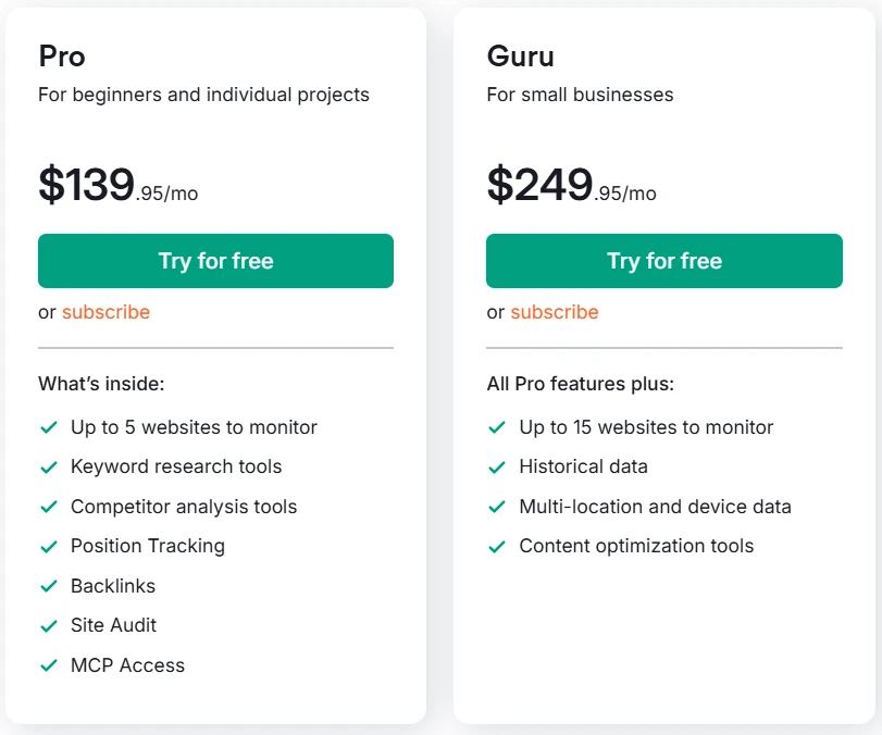 Pro and guru price plan