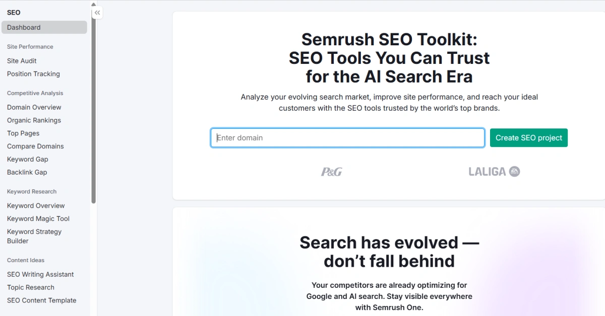Semrush free trial dashboard showing full Pro access to keyword research, site audit, backlink analytics and competitor research tools